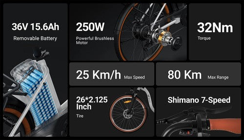 DYU C6 Pro sähköpyörä, 250 W moottori, 36 V 15.6 Ah